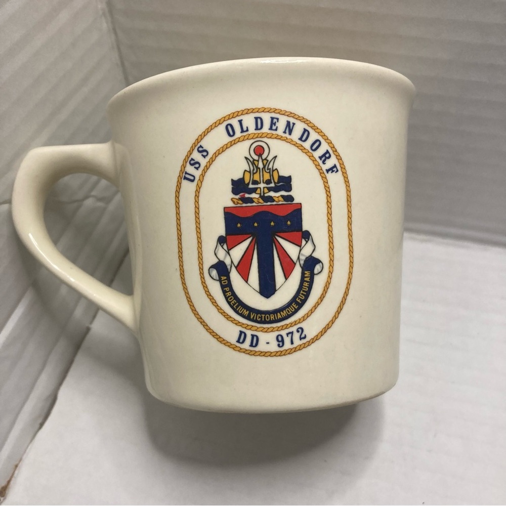 USS Oldendorf Emblem Cream Mug VTG